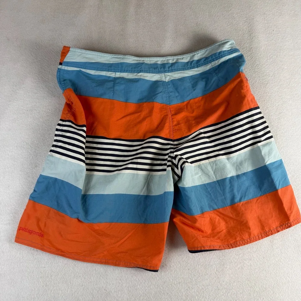 Patagonia Mens Striped Board Shorts Orange Blue Swim Trunks Size 36